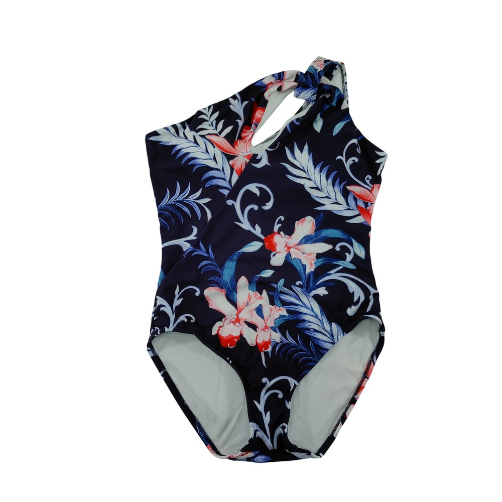 Carmen Marc Valvo One Shoulder Floral One Piece Swimsuit Navy Blue Coral Size 10